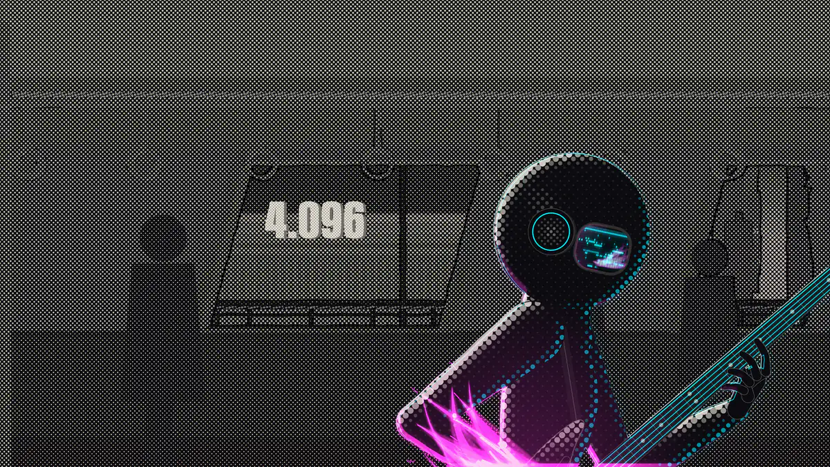 ORI de cerca, con el visor del casco encendido y la estela magenta del slap sobre las cuerdas del bajo.