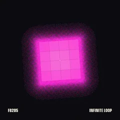 La portada del single Infinite Loop: Un píxel magenta impreso en trama sobre tinta, con F8205 y INFINITE LOOP abajo.